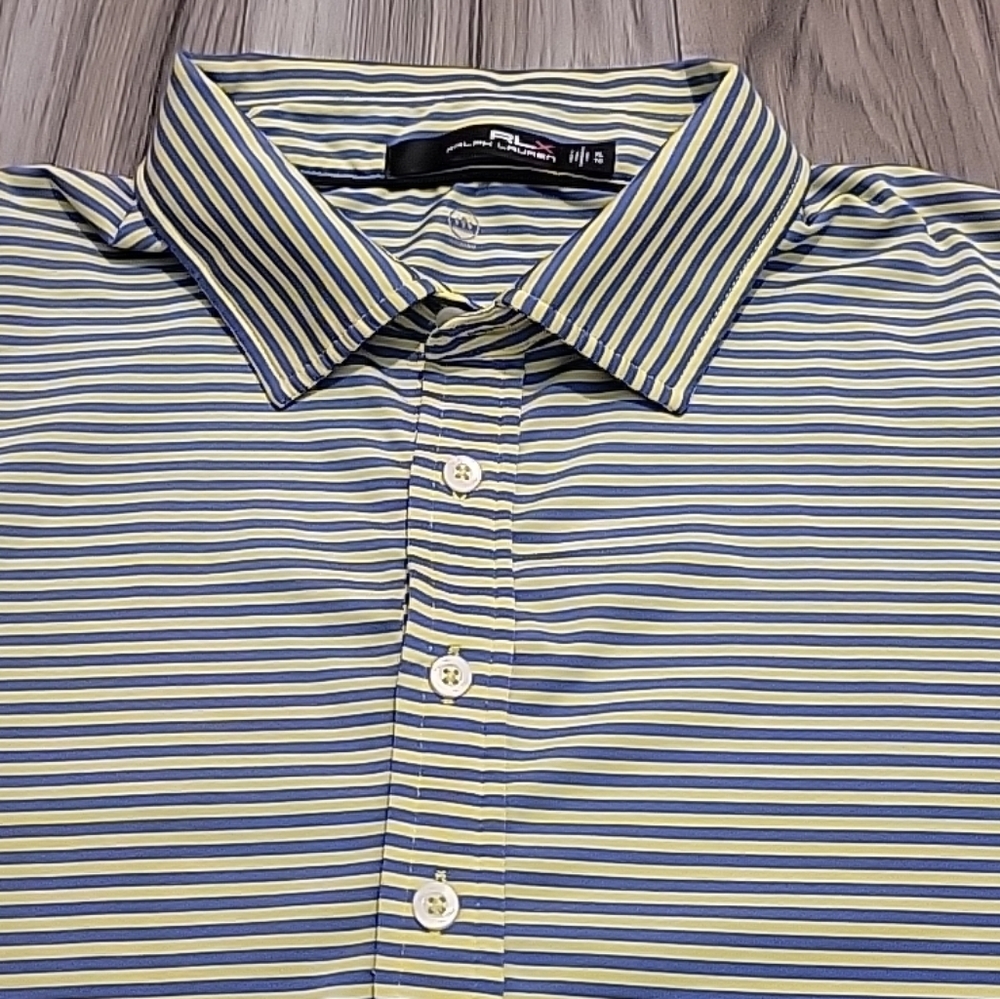 RLX Ralph Lauren‎ Polo Shirt Men XL Blue Yellow Striped Short Sleeve Casual